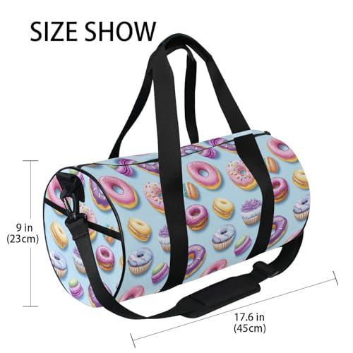 Donut Macarons Sports Duffel Bag Multi-Pocket Barrel Gym Bag with Adjustable Strap Full Print Polyester Fabric and Microfiber Leather Trim for Workout Travel and Sports4