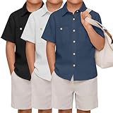 YooAurvox 3 Pack Boys' Button Down Shirts Linen Short Sleeve Dress Shirts Kids Summer Casual School Uniform with Two Pockets(13-14 Years,Haze Blue, White, Black)