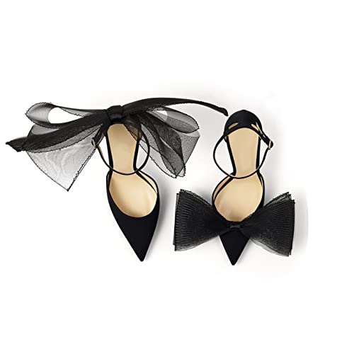 Women Stiletto High Heels Pumps With Asymmetric Grosgrain Mesh Bows Lace Ankle Strap Buckle Closed Pointed Toe Sexy Wedding Shoes Party Dressy Sandals 3.14 In Black Size 8 #TOP2
