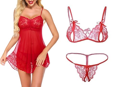 Image of SSoShHub Lace Babydoll Lingerie Sexy Mini Chemise Mesh Wedding Nightie Bridal Nightdress with Bikini