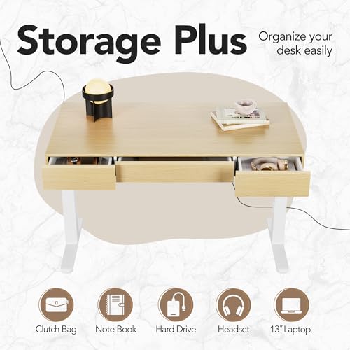 Image of HUANUO 48 Inch Standing Desk with Drawers, Electric Adjustable Height Stand Up Desk with Storage, Whole-Piece Board Computer Workstation for Home Office, Light Walnut