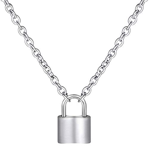 Wisdompro Lock-Shape Pendant Necklace, Stainless Steel Punk Lock Chain Necklace for Men and Women