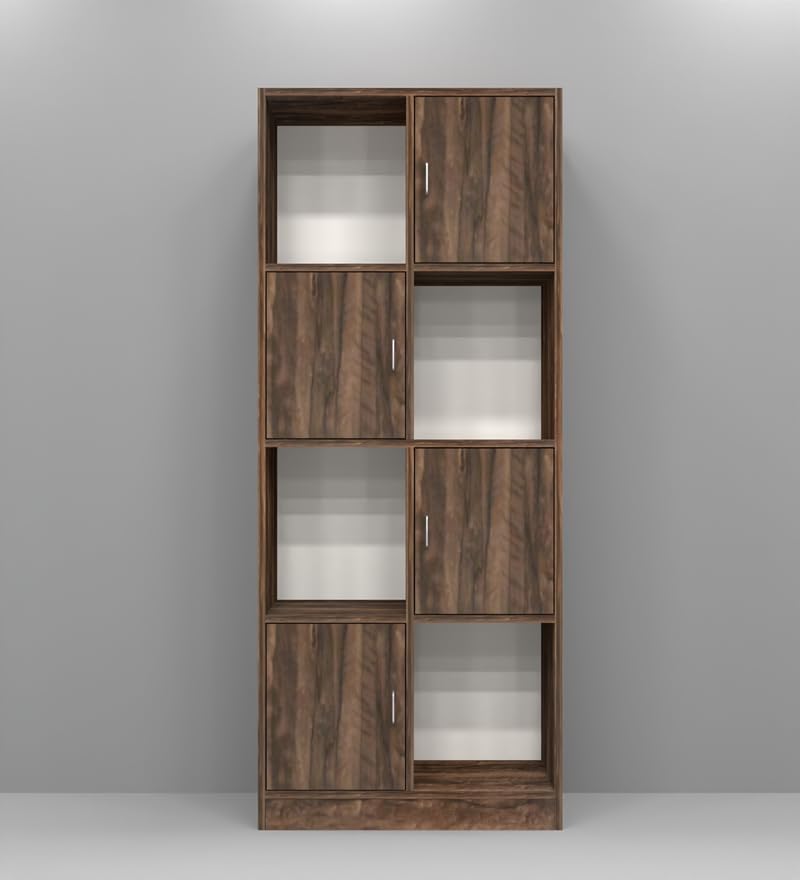 Image of SPECIALITY PANELS Bookcase with 4 Open Shelves and 4 Closed Shelves with Shutters, Brown Wood Finish, 73x35x176 cm