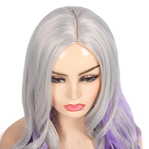 Beweig BW-L588-PURPLE Long Curly Wavy Silver Grey To Purple Wig Side Part Natural Looking Synthetic Cosplay Wig thumb #3