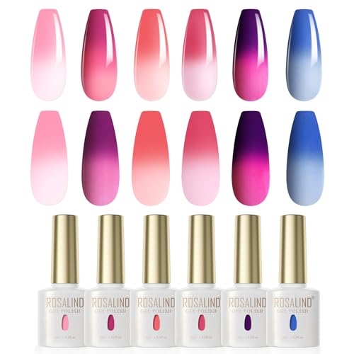 ROSALIND Pintauñas Semipermanentes,6 Colores Camaleon Rosa Rojo Púrpura Azul Esmalte Semipermanente, Efecto de Cambio de Temperatura Camaleón UV Remojo DIY Nail Art Set