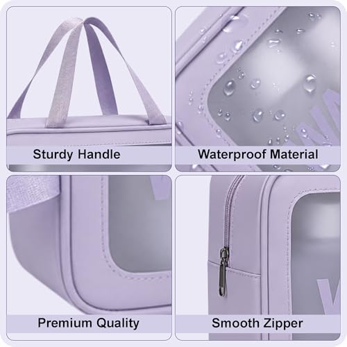 Image of FLYNGO Clear Makeup Pouch Set, Cosmetic Organizer Bag for Women and Girls Travel Waterproof Toiletry Storage Kit (Set of 3 Purple)