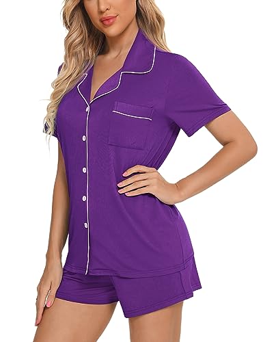 Image of Anjue Womens Pajamas Set Short Sleeve Sleepwear Button Down Nightwear Shorts Soft Pj Sets S-XXL
