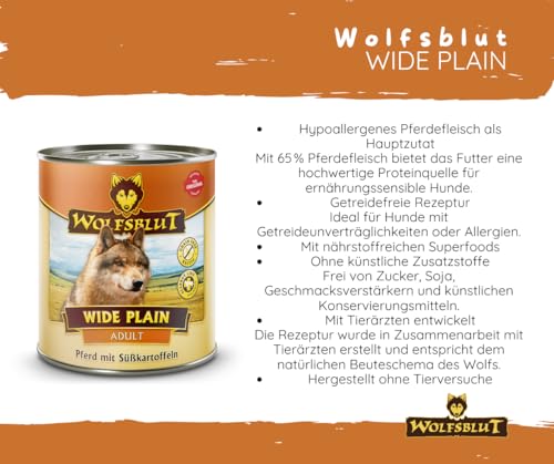 Wolfsblut Wide Plain 6x800g Hundefutter – hypoallergenes Nassfutter mit Pferd, Süßkartoffeln & Kräutern - ohne Soja, Zucker oder Getreide - Allergikerfreundlich in Wolfsblut Qualität