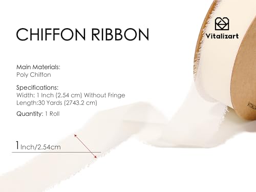 Vitalizart 1\" x 30 Yd Chiffon Ribbon Ivory White Silk Like Handmade Fringe Fabric Ribbons for Wedding Invitations Bridal Bouquets Party Decoration Gift Wrapping Bow Making - Thumbnail 2