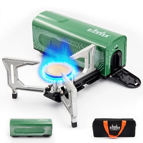 BIG HORN OUTDOORS Butane Camping Stove, Portable Folding Gas Burner with Carry Bag for Camping, Emergency Use and Outdoor Cooking