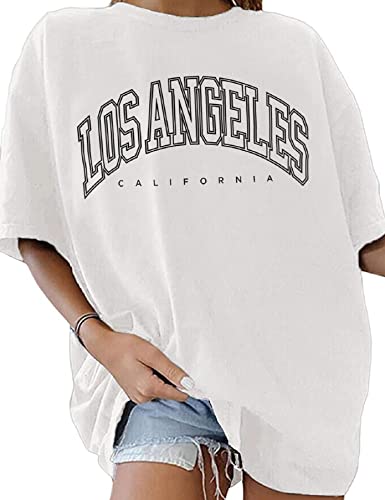 TOMEEK Womens Tops Oversized t Shirts for Women Vintage Drop Shoulder Short Sleeve Top Crewneck Tee Casual Letter Print Round Neck Summer Tops for Teen Girls(White,L)