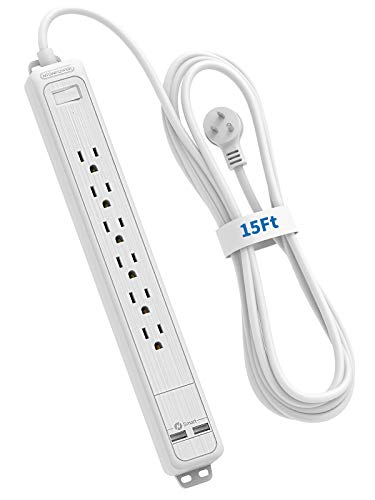 NTONPOWER Long Surge Protector Power Strip, Heavy Duty Extension Cord 15 FT, Flat Plug Power Strip with USB Ports, Wall Mountable, 15A Circuit Breaker for Office Home Theater, 1080 Joules, White