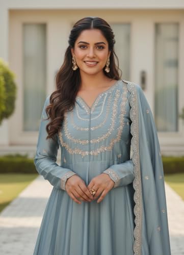 Image of LookMark Women's Silk Blend Embroidered Anarkali Kurta with Dupatta | Full Length Ethnic Dress | Long Sleeves
