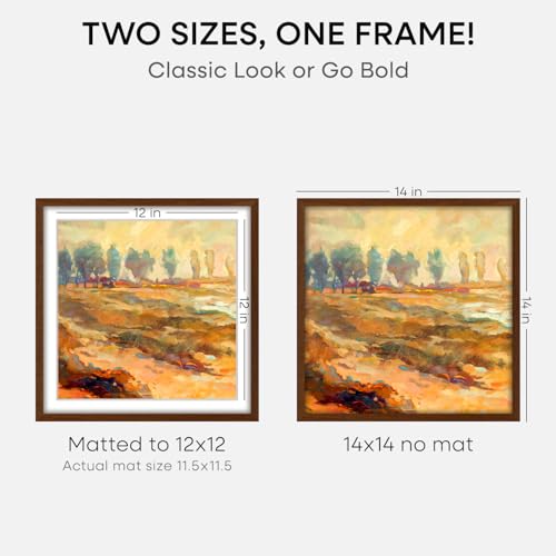 Image of Homeforia 14x14 Picture Frame Brown, High End Dark Oak 14 x 14 Square Wood Frame with Mat 12 x 12 for Photo, 14by14 Wooden Walnut Poster Frame Matted to 12x12 Print, Tempered Glass, Wall Kit, Set of 3