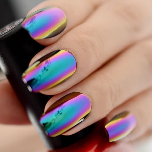 Super Holographic Blue Purple Coffin Nails Mirror Chrome Square Ladies Fake Nails Quality Tips for fingers Z905