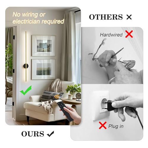 Image of Battery Operated Modern Wall Sconce Set of Two,Rechargeable Wireless Wall Lights with Remote Control,Dimmable,3 CCT,Cordless Lighting Fixtures for Bedroom,Living Room,Hallway,39.3 Inch,Black Gold