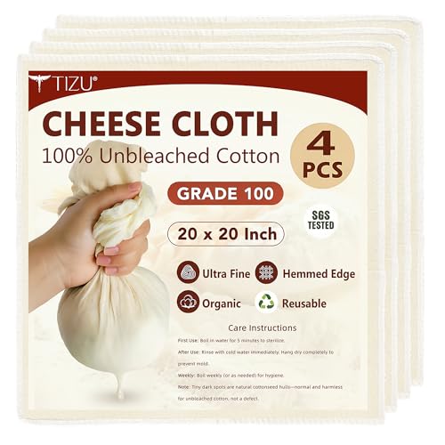 Etamine Alimentaire 50x50cm Grade 100 Fine Non Blanchi Tissu Mousseline Alimentaire Réutilisable pour Filtre Jus Yogourt Fromag Laits Végétaux Soupes Yaourts (Cheese Cloths) (4 Pcs)