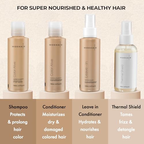 MOEHAIR Travel Kit (Color Alive Shampoo and Conditioner Set, Leave-In Conditioner & Thermal Shield Spray, 3.4 Fl. Oz Each), Travel Friendly | Combats Frizz | Paraben & Sulfate-Free