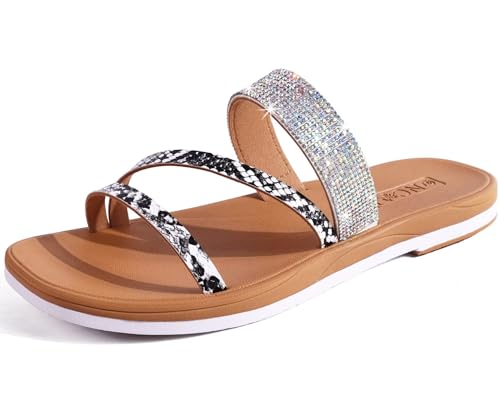 Image of ONCAI Women's Slide Sandals Trendy Square Summer Flat Dressy Sandals for Women 2025 Cross Strappy Open Split-Toe Ring with Slip-on Rubber Soles