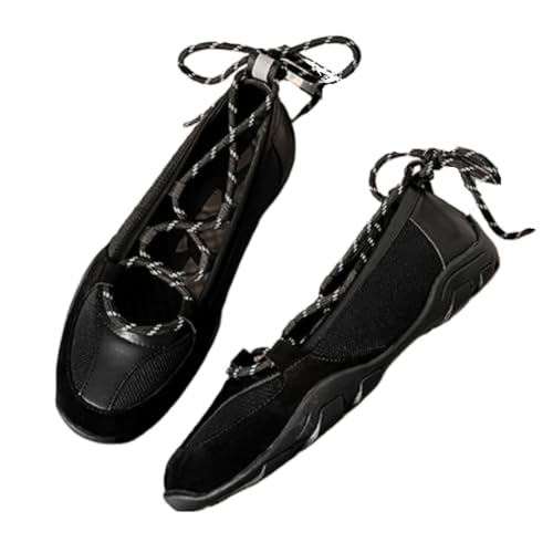 Ballet Sneakers for Women Round Toe Sneakerina Shoes Mesh Leather Lace-up Flats Cute Y2K Kawaii Elegant Dressy Fashion Trendy Good Looking Gifts for Daughter Back to School Spring Summer Fall Outdoors