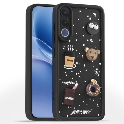 Image of Bintage Back Cover Compatible for Vivo V2558 / Vivo V70 FE 5G | Cute Fun Ball | 3D Taddy Smiley Coffee | Milk Case | Full Body Protection - Black
