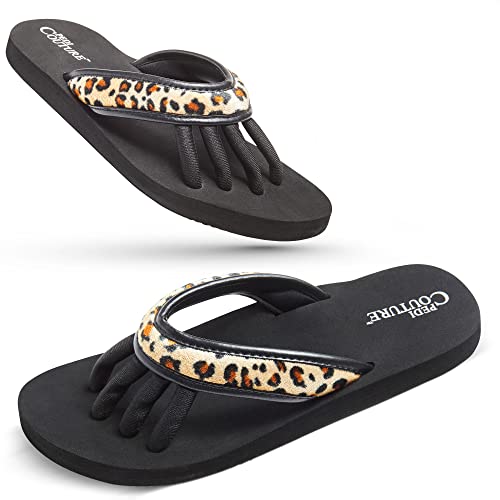 Pedi Couture Pedicure Sandals with Built-In Toe Separators for Women Arch Support Flip Flops for Nail Salon Spa Home & Yoga Cushioned Foam Sole Bunion Relief Washable Sizes 56 (Leopard-S)