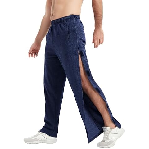 WZIKAI Men's Tear Away Pants Casual Side Snap Open Sweatpants Loose Fit Post Surgery Pants with Pockets Navy Blue L Cover