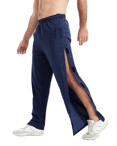 WZIKAI Men's Tear Away Pants Casual Side Snap Open Sweatpants Loose Fit Post Surgery Pants with Pockets Navy Blue XXL