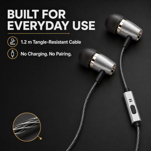 Betron AX3 in-Ear Wired Earphones with Mic, 3.5mm Jack, Silver | Aluminium Body, Noise Isolating , 1.2 m Tangle-Free Cable, Carrying Case Included, for Phones, Laptops & Tablets