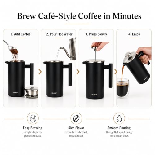Image of AXEON French Press Coffee Maker - 350ml | 304 Stainless Steel Plunger | 4-Layer Filtration for Grit-Free Brew | Heat Retention, Rust-Free, Portable Coffee Maker for Home, Travel & Office (Black)