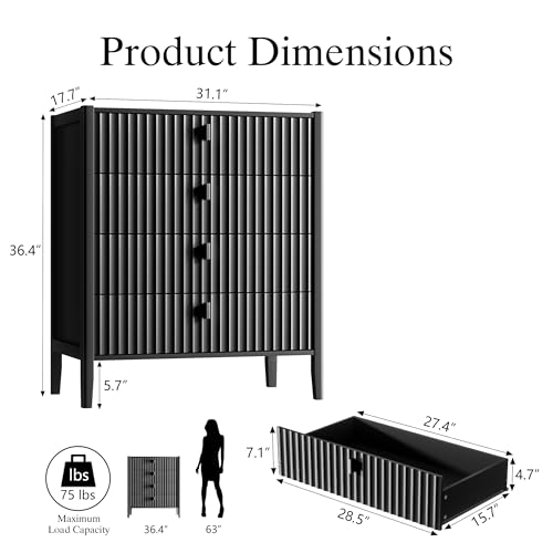Image of Furniway Black 4 Drawer Dresser, 31.5 inch Wide Modern Chest of Drawers with Fluted Front and Metal Handles, Storage Dresser for Bedroom, Living Room, or Entryway