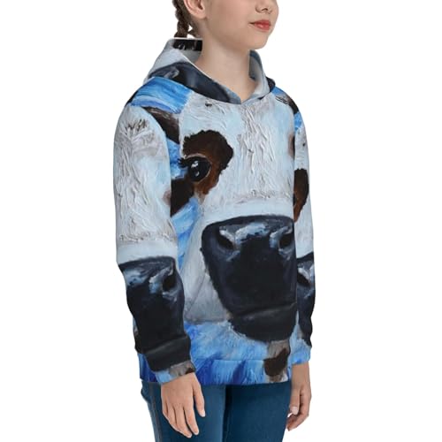 White Cow On Blue Oil Painting Kids Pullover Hoodies Boys Sweatshirts Girls Athletic Clothes with Pocket3