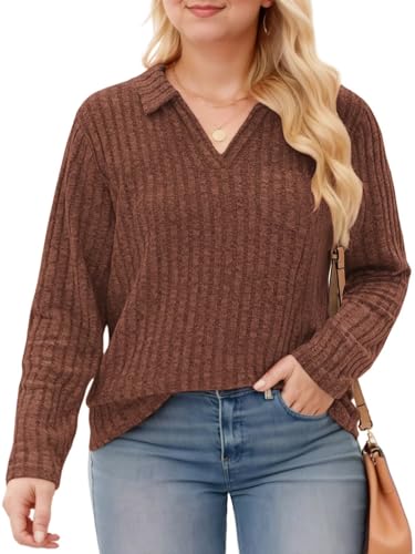 Image of VISLILY Womens-Plus-Size-Tops Collared V Neck Polo Shirts Lightweight Long Sleeve Sweaters Trendy Pocket Decor Tunic Blouses