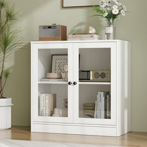 VOWNER Sideboard mit 2 Glastüren, Buffetschrank, Küchenschrank mit Arbeitsplatte, Buffetschrank, TV Board, Aufbewahrungsschrank für Wohnzimmer Schlafzimmer, 40 x 80 x 80 cm (Weiß, 1PCS)