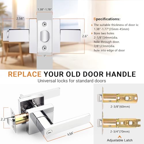 10 Pack Probrico Chrome Door Handles Interior, Square Privacy Lever, Heavy Duty Polished Chrome Door Lock for Bedroom or Bathroom,Reversible Keyless for Left Right Handed by Probrico - Image 6