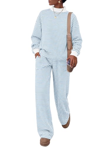 ANRABESS Two Piece Sets for Women Striped Lounge Set,Blue White Stripe,M