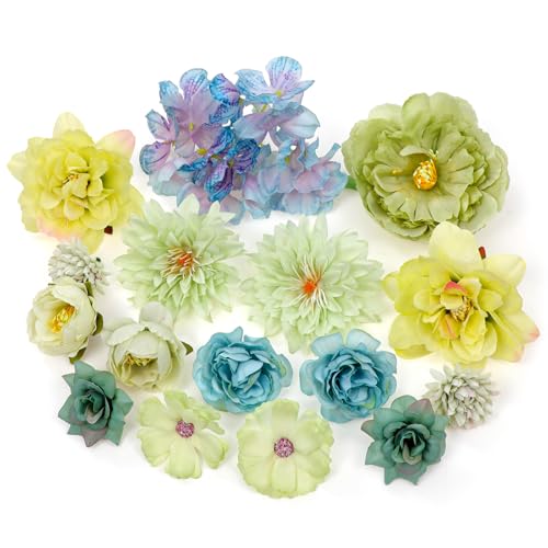 MWOOT 17 Piezas Cabezas de Flores Artificiales, Mixtos Flores Falsas Decoracion, Nenúfar Rosa Peonía para DIY Manualidades Corona Ramos de Boda Fiesta Hogar(Verde)