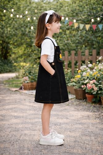 Image of superminis Girls Twill Denim Solid Color Dungree /Dress With Embroidered Pocket (1 Dress,1 Tee)