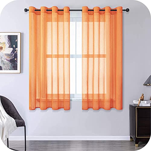 MRTREES Voile Gardinen Vorhang halbtransparent kurz mit Ösen in Leinenoptik Stores Gardinen Schals für Wohnzimmer Schlafzimmer Kinderzimmer Orange 145×140cm (H×B) 2er Set