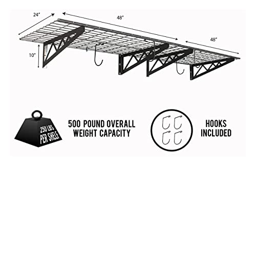 SafeRacks Wall Shelves - 2 Pk 24"x48" Wall Mountable Shelving Unit for Storage Rack, Pantry Shelves, Utility Shelving, Heavy Duty Shelves w/ 4 Versatile Accessory Hooks, 500lbs Capacity, Hammertone - Thumbnail 5