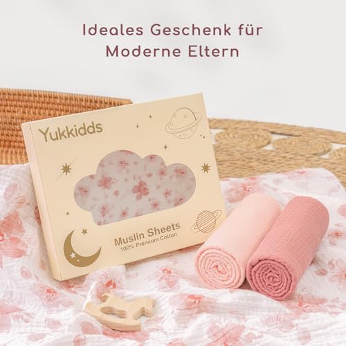 Yukkidds Baby Spannbettlaken Musselin 3er Pack 81x41cm, aus 100% Baumwolle, Ultraweich & Atmungsaktiv, Bettlaken für Beistellbett, Kinderwagen & Babybett Rosa Blumen