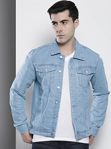 Image of The Indian Garage Co Men Blue Slim Fit Solid Denim Trucker Jacket