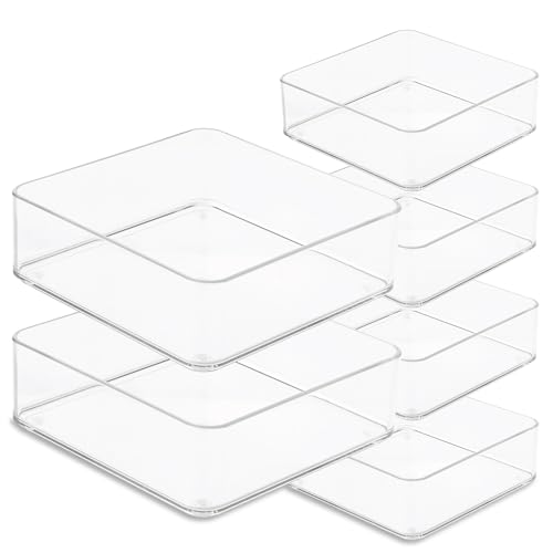 primebox Plastic Clear Drawer Organizers. Bathroom, Kitchen, Bedroom, Makeup, Office Organizer Bins, Storage Trays. Heavy Duty, Stackable. 6" x 6" x 2" Set of 6