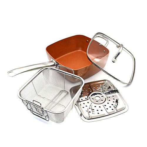 Juego de utensilios de cocina antiadherentes de 4 piezas, sartenes, utensilios de cocina todo en uno, revestimiento de cobre Ti-Cerama antiadherente, con tapas de vidrio, para estufas/cocinas de