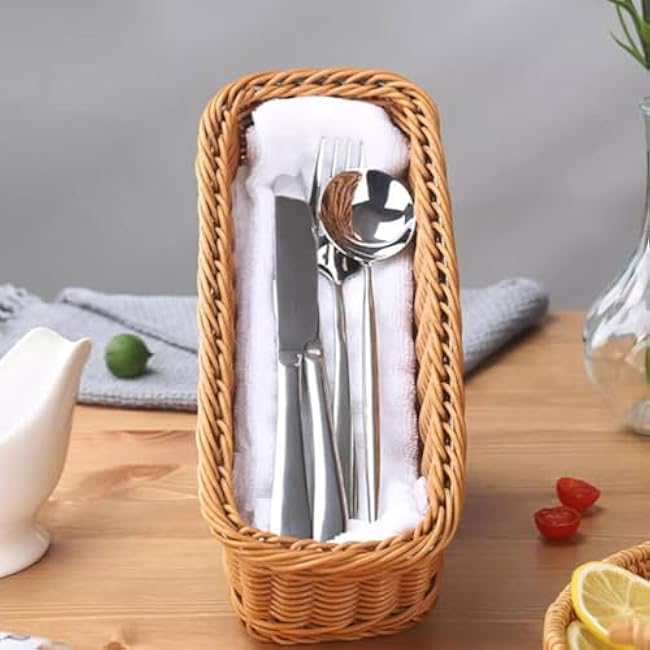 Cabilock 2pcs Wicker Cutlery Basket Rectangular Woven Baskets Bins Rattan Woven Utensils Holder Cutlery Organizer Holder for Countertop Chopsticks Storage Bucket