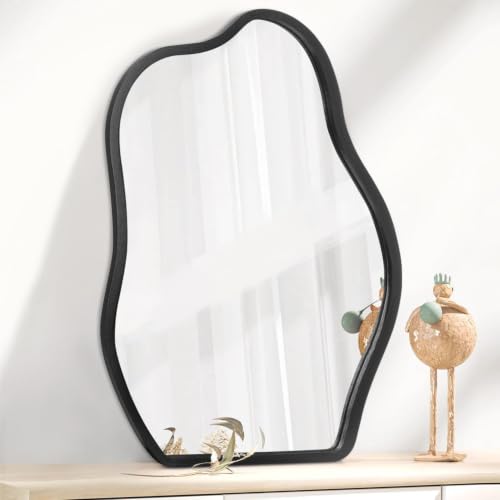 Image of ALFA Design Asymmetrical Black Wall Mirror with Wood Frame Irregular Modern Hanging Mirror for Wall Bedroom Bathroom Entryway Hallway Modern Irregular Black (29 x 21 inch)