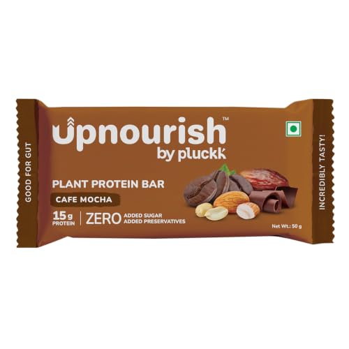 Image of Upnourish by Pluckk Plant Protein Bar - Pack of 18 (50g Each) | 15g Protien , 2g Fiber | No Added Sugar & Preservatives | Protein Bar without sugar | Lactose & Gluten Free | Gut Friendly | Cafe Mocha Flavoured - 300g