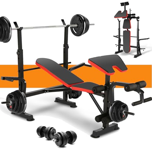 Hicient 330lbs Olympic Weight Bench Press Set with Preacher Curl & Leg Developer Multifunctional Adjustable Weight Bench Set Exercise Equipment for Indoor Gym Home Full-Body Workout (Red)