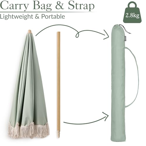 CHRISTOW Portable Garden Parasol with Tilt, 2m Cotton Tassel Beach Umbrella, Outdoor Patio Sunshade, Tilting Canopy, Steel Pole with Wood Effect, UV50+ Sun Protection, Water Resistant, Bag (Sage) - Image 5