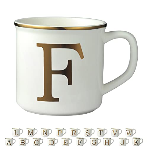 Miicol Weiße Keramik-Kaffeetasse, 473 ml, Alphabet-Thema, Latte-Tasse für Büro und Zuhause, einzigartiges Geschenk, Tasse mit Initialen von Mann und Frau - goldene Buchstaben F Cover